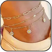[Aluinn] Gold Anklet Set for Women- Boho Magritte Anklets Adjustable Cute Ankle Bracelets Waterproof Beach Summer Foot Jewelry for women, normal, Alloy, no gemstone