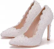 [ZIRIA] Women's Lace Flower Bead Pumps Office Lady High Heels Pointed Toe Wedding Dress Party Shoes