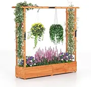 Costway Raised Garden Bed with 2-Sided Trellis & Hanging Roof, Fir Wood Planter Box with Drainage Holes & Bottom Gaps, Vertical Freestanding Planter Trellis Container for Flowers