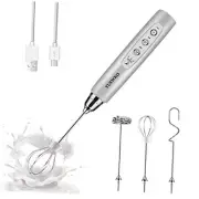 Rechargeable Milk Frother Handheld with 3 Heads Coffee Silver Without Stand