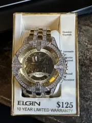 Elgin Adult Male Analog Watch in Gold and Crystals with Skeleton Dial