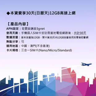 【中國聯通】中國 澳門 30日12G上網卡(大陸 內地 高速上網卡 30天12G 旅遊卡)