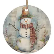 Vintage Snowman In Snowy Winter Art Christmas Ornament Xmas Gift Pine Tree Decor