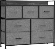 SONGMICS Chest of Drawers, Bedroom Cabinet, 7 Fabric Drawers with Handles, Metal Frame, Grey and Black with Wood Grain LTS523G22