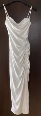 Zara Ruched spaghetti strap slit White Long chiffon dress Partial Lining S NWT