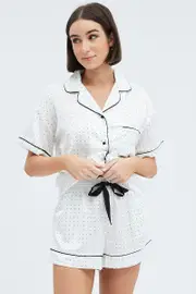 White Polka Dot Polka Pj Contrast Piping Satin Pyjama Set - Size L, Women's Satin Set