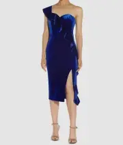 $195 Aidan Mattox Women's Blue Ruffled One-Shoulder Velvet Dress Size 10