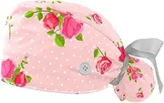 [DragonBtu] 2PCS Scrub Hat with Button Adjustable Tie Back Hats Bouffant Caps Work Cap Retro Blooming Roses