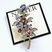 Napier Pave Purple Pink Lucite Rhinestone Flower Leaf Brooch Pin Signed NEW