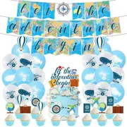 Let The Adventure Begin Party Set - Party Banner - Latex Balloons - Cake Cupcake Toppers for Retirement Travel Honeymoon Travel Baby Shower