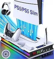 ALEEMTRY PS5 Stand with LED Light for PS5 Slim, PS5 Stand with 3-Level Fan/PS5 Controller Charging Station/Headphone Hook/4 x USB C Socket, PS5 Stand for PS5 Slim Disc & Digital Edition