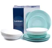 18-pc Luminarc Diwali Dinner Set Tempered Glass Plate Set White and Turquoise