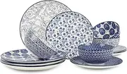 Selamica Ceramic 12-Pieces Dinnerware Sets, Dish Plates and Bowls Sets, Service for 4, Dinner Salad Dessert Plates, and Cereal Bowls Set, Gift,Vintage Blue