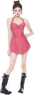 [TTYAO REII] Halter Neck One-Piece Swimsuit Dress for Women Tummy Control Bathing Suit Slimming Swimwear for Hot Spring, Rose Red, Small-Medium Short