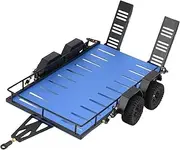 1/18 RC Trailer for Hauling Behind Car, 4 Wheels Metal Flatbed Trailer with Hook Hitch for TRX4M 1/18 RC Crawler Car, Aluminum Alloy (Blue)