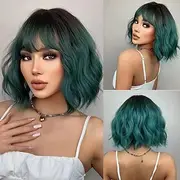 HAIRCUBE Cosplay Bob Wig with Bangs Green/Ombre Brown/Pink/Auburn/Dark brown Synthetic Culy Wigs for African American Women Natural ChristmasPartyWigs