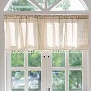 Ausing Short Curtains with Floral Print, Semi-Transparent Linen-Like Curtains for Living Room, Bathroom, Bedroom, Balcony, Yellow, 150 x 46 cm