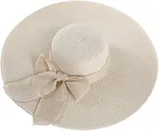 [ericotry] 1Pcs Womens Sun Straw Hat Wide Brim Big Bowknot Beach Cap Floppy Foldable Sun Hat (Beige)