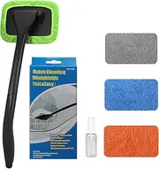 Car Cleaning Window Tool, Microfiber Car Window Cleaning Tool with 4 Washable and Reusable Cloth Pad Head, Extendable Handle and Spray Bottle for Auto Glass Wiper Car