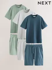 Navy Blue/Green/Grey 100% Cotton Co-ord T-Shirts And Shorts Set 3 Pack (AM7935) | $173