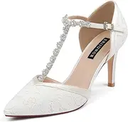 [ERIJUNOR] Women Lace Bridal Shoes Mid Heel with Rhinestones T-Strap Pointy Toe Satin Wedding Shoes