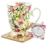 Floral Garden Cream Flowers Decorative Botanical Ceramic Mug & Coaster Set 360ml