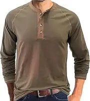 [Rodawu] Polo Shirt Men's Long-Sleeved Henley Shirt Cotton T-Shirt Men, Green, XXL