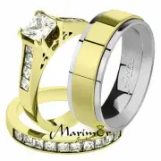 His & Her 14K G.P. Stainless Steel 2.50 Ct Bridal Ring Set & Men's Spinner Band