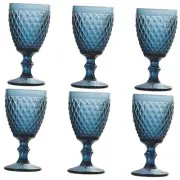Blue Wine Glasses set of 6 Colored Drinking Goblets Vintage Embossed Glassware