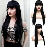 Long Straight Black Brunette Wigs for Women Women Synthetic Full Hair Natural Wig with Fringe for Cosplay Costume or Everyday Use (Black, 24inch)