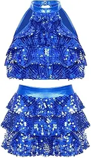 [Jhaoyu] Girls Metallic Sequin Dance Outfits Halter Neck Crop Tank Top With Skirt Set Hip Hop Latin Jazz Dance Costume