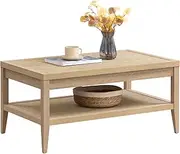 [SICOTAS] Rattan Coffee Table for Living Room - Boho Rectangular Dining Center Table with 2 -Tiers Rattan Storage Shelf, Farmhouse Accent Table for Living Room, Home Office, Light Oak