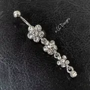 14g white sparkle cz triple flower dangle belly ring B513