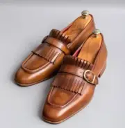 New Handmade Men's Brown Color Single Monk Strap Leather Fringes Dress Shoes
