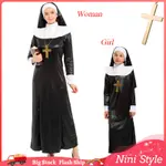 女孩女性修女角色扮演服裝體面中世紀長袍帶頭巾項鍊兒童成人萬聖節服裝套裝