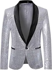 [HEYDHSDC] Men Black Sequin One Button Shawl Collar Suit Jacket Nightclub Prom Dj Blazer Jacket for Singers
