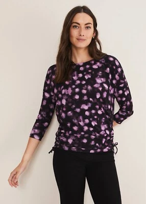 Phase Eight 8 Valentina Ruched Side Top Black Purple 3/4 Sleeve UK 18 New