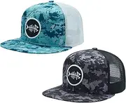 [Bassdash] 2 Pack Flat Brim Trucker Cap Adjustable Snapback Hat Mesh Back for Men Women Fishing Hunting