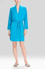 NEW NATORI $98 CARIBE BLUE FEATHERS WRAP ROBE SZ S SMALL