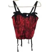 Cacique Womens 14/16 Red Floral Print Lace Trim Boned Corset Lingerie Top NWT