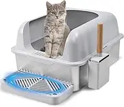 Stainless Steel Cat Litter Box, Luikyei Cat Litter Box Enclosure with Lid, High Side Large Cat Litter Tray for Big & Multiple Cats, Easy Cleaning Kitty Litter Box Anti-Leakage, Including Scoop