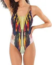 [Joisal] Peacock Feathers Green Women Swimsuits Low Back One Piece Swimsuit Women Tummy Control with Bra, Butterfly Symmetry Colors, Medium