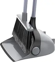 MR.SIGA Broom and Dustpan Set with Long Handle, Upright Broom and Dustpan Combo for Floor Cleaning, Lobby Broom with Adjustable Handle, Gray