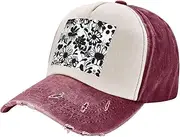 [YANYU] Black and White Flowers Print Fashion Washed Distressed Baseball Cap Vintage Adjustable Hat with Classic Brim, Dark Red, One Size