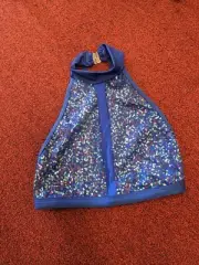 Body Wrappers Blue Multi Color Sequin Halter Top Strappy Open Back Women's XS M