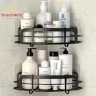 2X Black Corner Shower Caddy Adhesive Stainless Steel Wall Shelf w/ Hooks