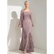 A-Line 3 Piece Mother of the Bride Dress Elegant Simple Casual Square Neck Floor Length Chiffon Sleeveless Long Sleeve Lace with Jacket 2025