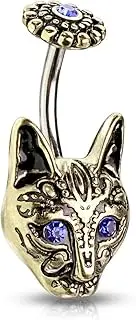 [PiercedOff] 316L Surgical Steel Belly Bar with Blue Crystal Eyes Cat and Blue Center Flower Top