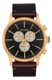 Nixon The Sentry Chronograph Leather Strap Watch, 42mm in Gold /Indigo /Brown at Nordstrom One Size Gold/Indigo/Brown