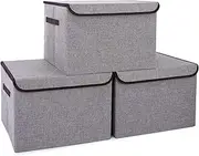 [Bagnizer] Large 17" 42 Quarts Collapsible Stackable Storage Bins with Lids [3-Pack] Foldable Fabric Linen Storage Boxes Cube, Closet Organizer Baskets with Label for Home (16.7 x 12 x 12, Gray)